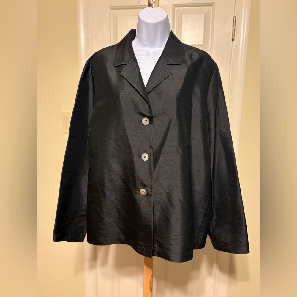 NWOT VALERIE STEVENS Black Satin Silk Button-Down Shirt, Size: XL